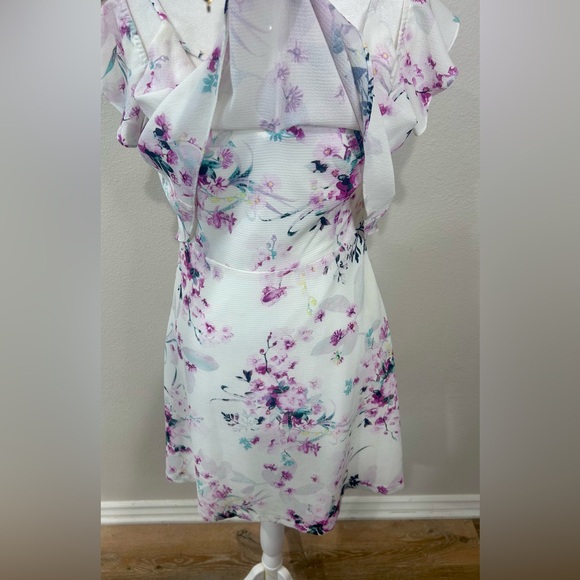 💜”Kensie” White & Purple Floral Dress w/Crisscross Neckline Detailing - Picture 3 of 17